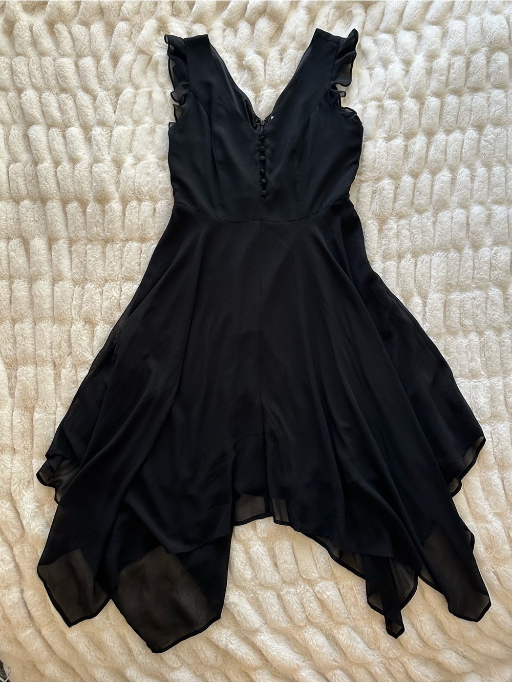 ModCloth Black Chiffon Flutter Sleeve Witchy Handkerchief Hem Dress